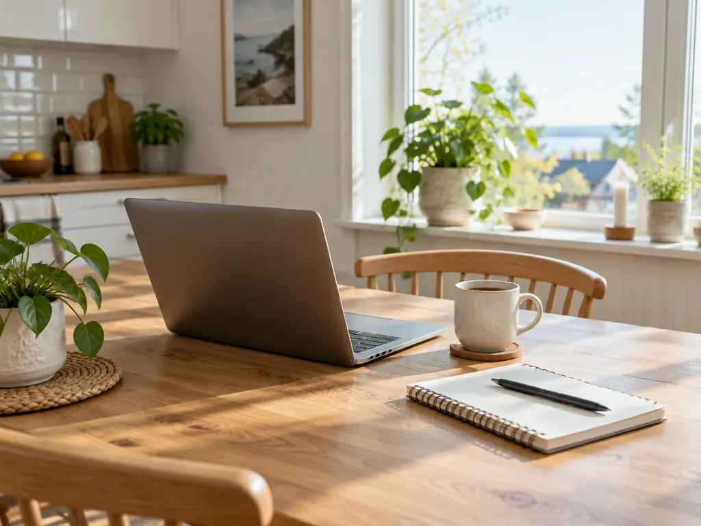 Laptop på ett köksbord i ett ljust hemmakontor med kaffekopp och anteckningsblock