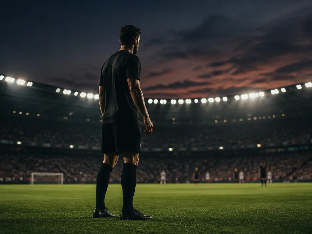Fotbollsspelare på en upplyst arena med publik i bakgrunden