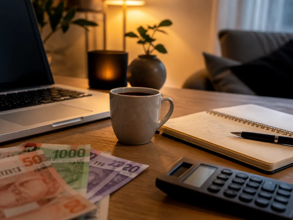 Hemmaskrivbord i kvällsljus med laptop, kaffe, budgetblock och sedlar för att planera nöjesutgifter.