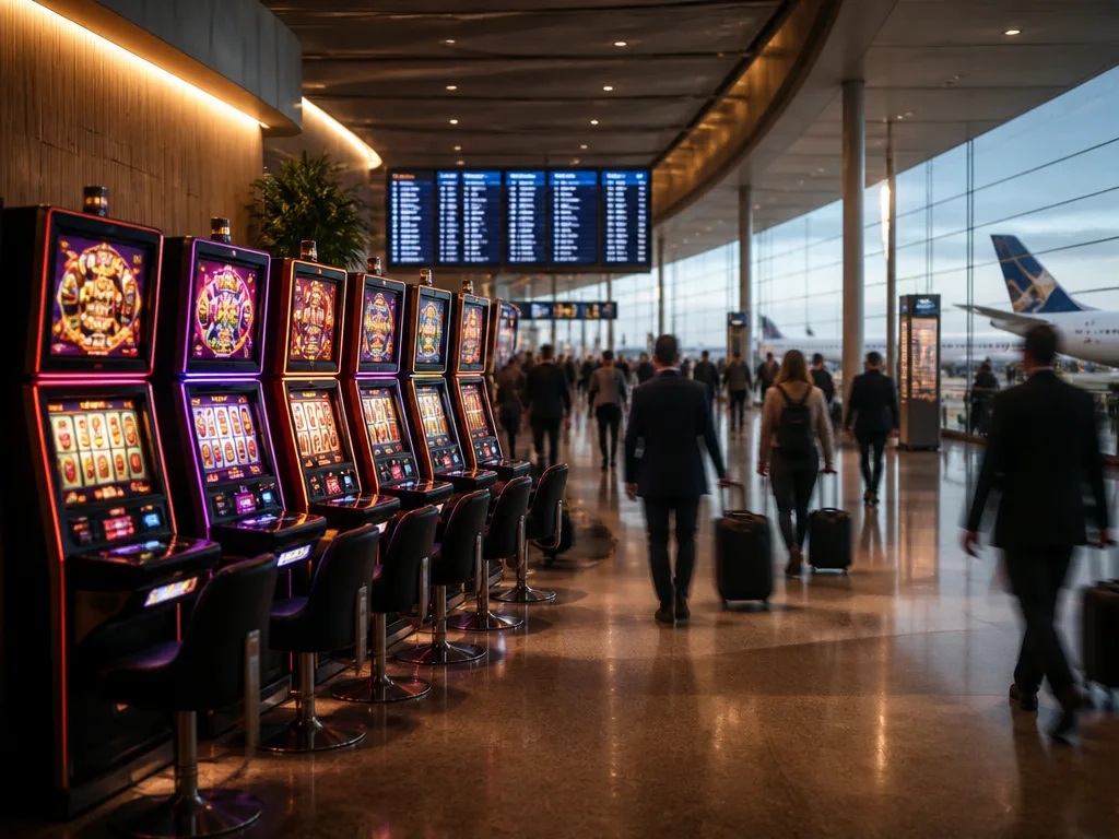 Rad av upplysta spelautomater i en flygplatsterminal med resenärer och avgångstavlor i bakgrunden.