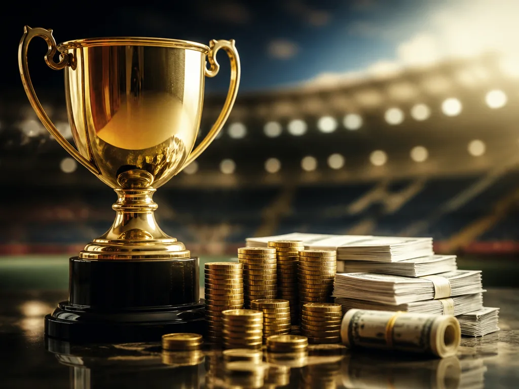 Guldpokal bredvid staplar av mynt och sedlar med en suddig idrottsarena i bakgrunden.